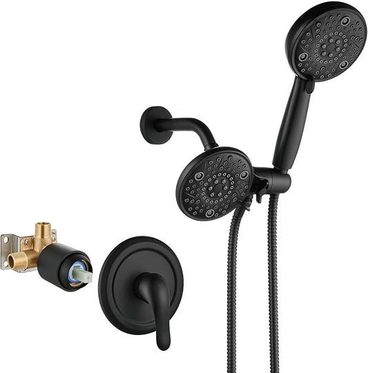 Aolemi Shower Faucet Set Rain Shower Head System Shower Trim Kit Pressure Rough-in Valve Included ABS 8 Setting Dual Shower Head and Handheld Spray Matte Black
