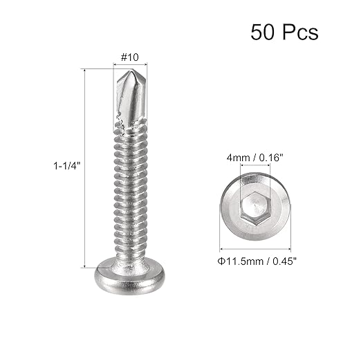 uxcell Hex Socket Self Tapping Screws, #10 x 1-1/4" 410 Stainless Steel Sheet Metal Flat Head Drilling Screw 50pcs, Silver