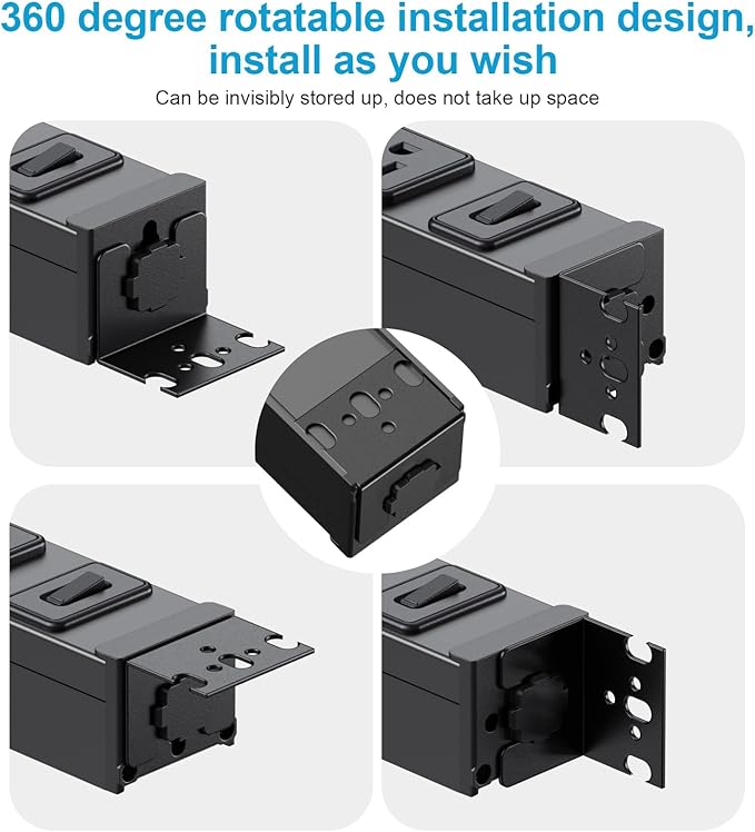 HHSOET 2 Pack Metal 360° Rotating Mountable Power Strip, 8 Outlet Gaming Table Mounted Outlet Strip, Heavy Duty Wall Mount Surge Protector with Switch, 15A 125V 1875W, 3ft Power Cord.(Black)