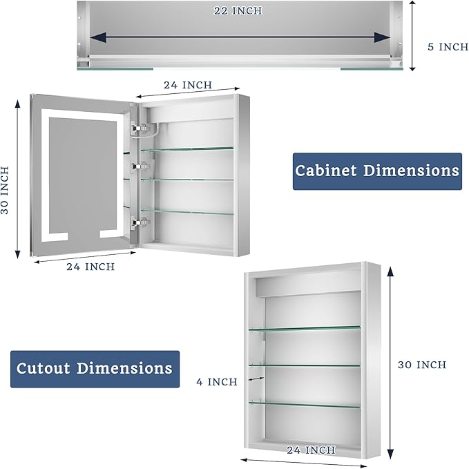 ExBrite LED Lighted Bathroom Medicine Cabinet with Mirror, 24 x 30 Inch, Recessed or Surface Mount, Anti-Fog, Stepless Dimming, Color Temperature Adjustment, 2 Outlets, Storage Shelves, Left Hinge