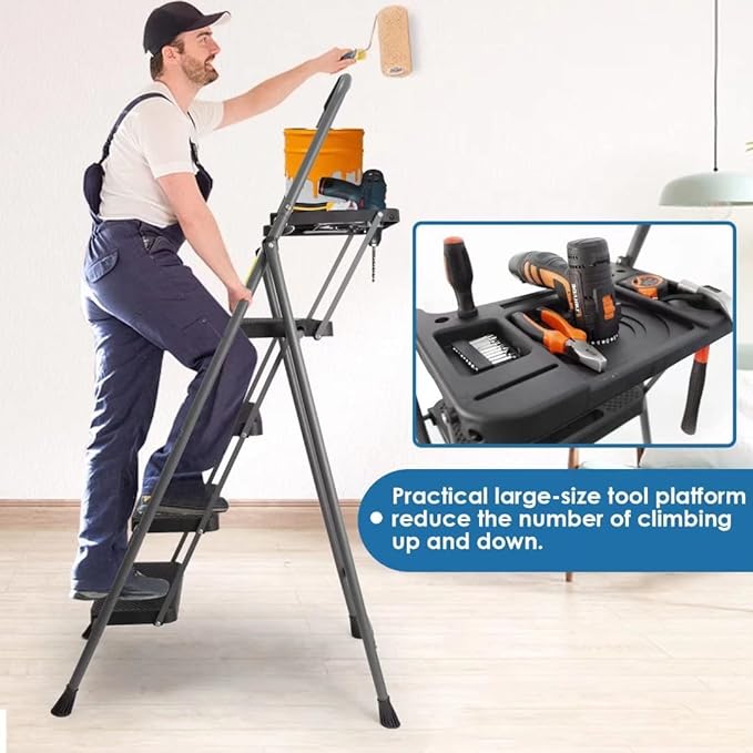 4 Step Ladder, GOLYTON Lightweight Folding 4 Step Stool with Tool Platform, Wide Anti-Slip Pedal and Convenient Handgrip, Sturdy Steel Ladder Hold Up to 350 lbs, Gray