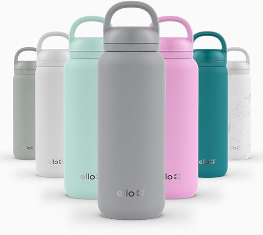 Ello Cooper Twist 32oz Stainless Steel Water Bottle with Chug Lid | Leak Proof | Double Walled and Vacuum Insulated | Built in Carry Loop | Dishwasher Safe | Gray