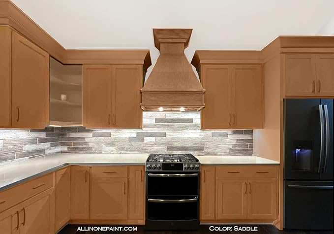 ALL-IN-ONE Paint, Durable cabinet and furniture paint. Built in primer and top coat, no sanding needed. Includes our 30 featured color card - Saddle (caramel brown), Gallon