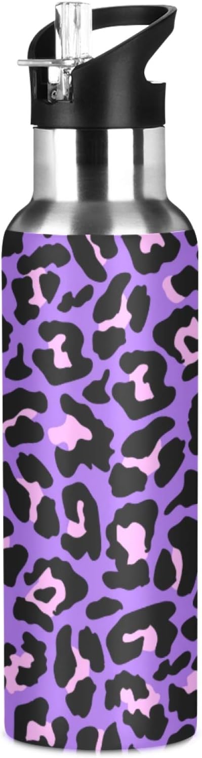 Qilmy Black and White Leopard Water Bottle Vacuum Insulated Stainless Steel Water Bottles with Straw Lid Leakproof Wide Mouth Water Flask for Fitness Outdoor Sports, 20 oz