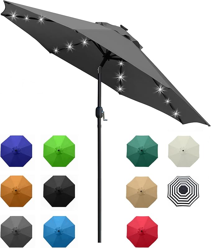 Sunnyglade 9' Solar LED Lighted Umbrella with 8 Ribs Adjustment and Crank Lift System for Patio (Grey)