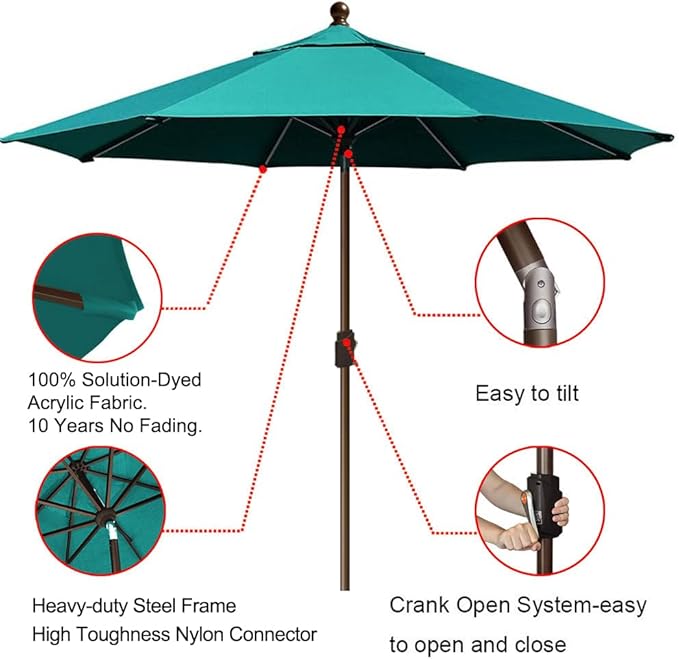 EliteShade USA 10-Year-Non-Fading 9Ft Market Umbrella Patio Umbrella Outdoor Table Umbrella with Ventilation, Teal