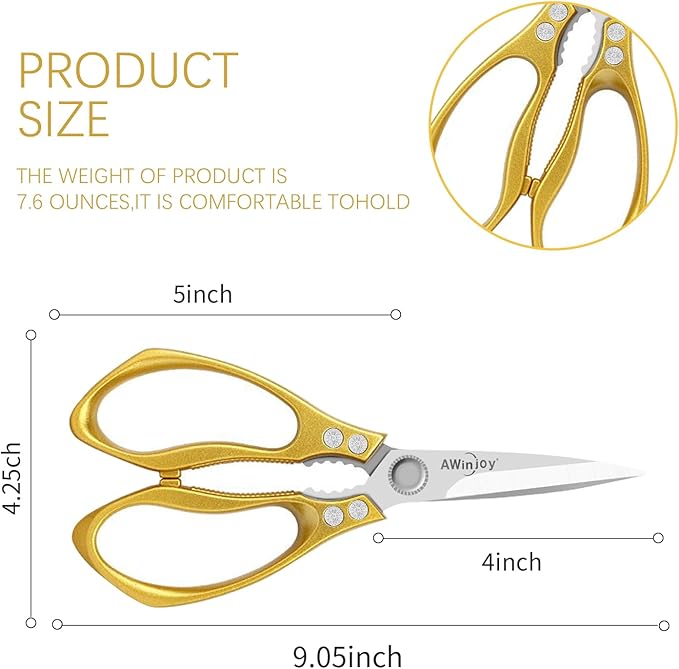 Kitchen Scissors, Heavy Duty Sharp Kitchen Shears, Dishwasher Safe, Multipurpose Cutting Scissors for Kitchen, Meat, Chicken, Fish, Poultry, Herbs, Bread, Kitchen Gadgets, Gift (Gold)