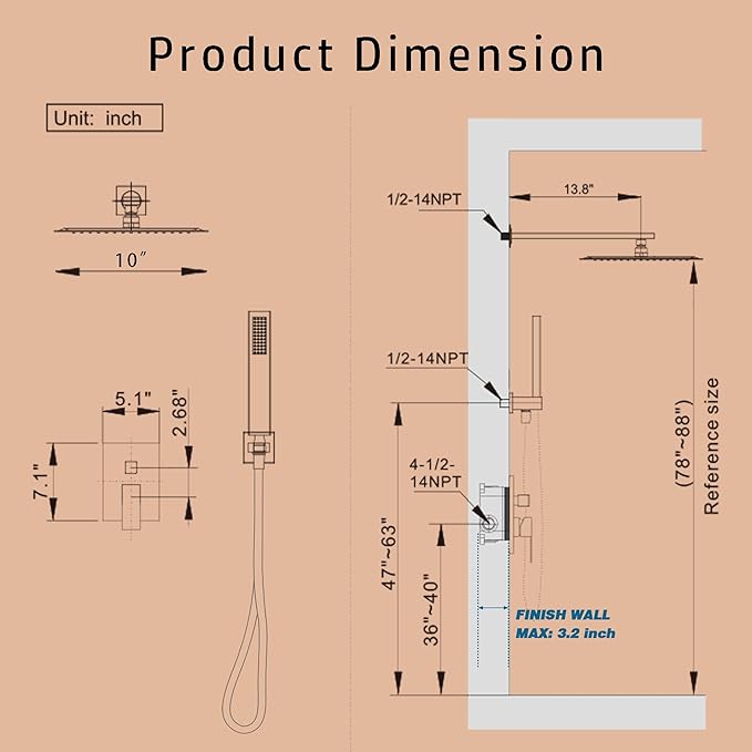 Alesco Shower System, Brushed Nickel Shower Faucet Set with 10-Inch High-Pressure Rainfall Showerheads and Handheld Spray combo, Showerfixture Include Valve and Trim Kit, Brushed Nickel