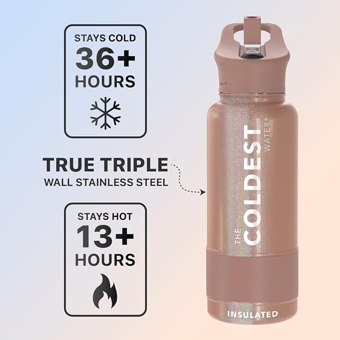 Coldest Sports Water Bottle with Straw Lid Vacuum Insulated Stainless Steel Metal Thermos Bottles Reusable Leak Proof Flask for Sports Gym (32 oz, Golden Rose Glitter)