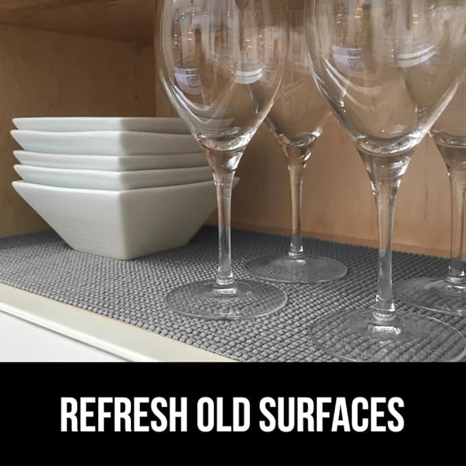 Gorilla Grip powerGRIP Drawer Shelf and Cabinet Liner, Thick Strong Hold, Non-Adhesive Liners Protect Kitchen Cabinets and Cupboard, Bathroom Drawers, Easy Install, Breathable Mat, 12" x10', Gray