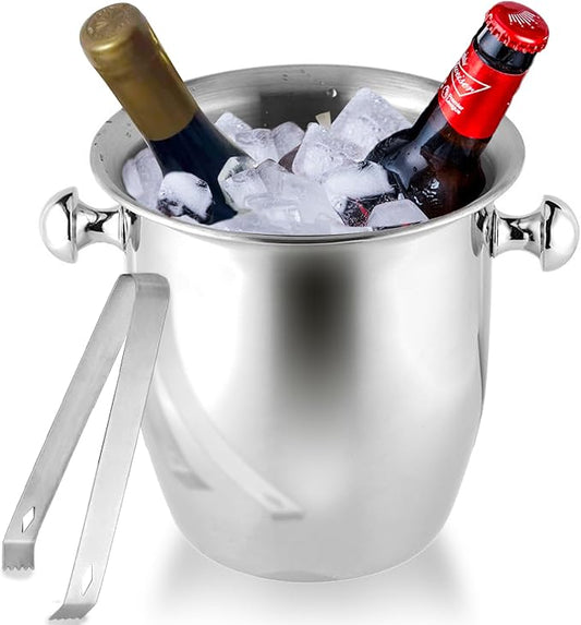 Ice Bucket with Ice Tongs - 5L Ice Bucket for Party Stainless Steel Wine cooler Drink Tub Cooler for Partiy Champagne Ice Bucket with Handle for Family Bar Ktv Outdoor & Indoor Silvery