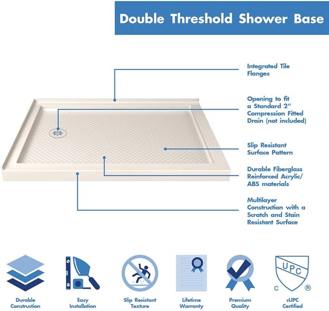 DreamLine SlimLine 34 in. D x 48 in. W x 2 3/4 in. H Left Drain Double Threshold Shower Base in Biscuit, DLT-1034481-22