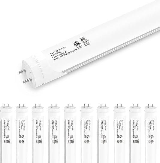 10-Pack T8 LED Tube Lights 4ft, 48 Inch Fluorescent Replacement Bulbs, 5000K Pure Daylight, Hybrid Type A+B Single/Double Ended, Clear Lens, ETL Certified