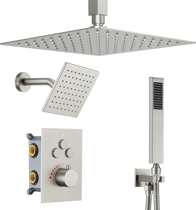 Thermostatic Dual Shower Heads System with Ceiling 12-Inch Rainfall Shower & Wall Mount 6-Inch High Pressure Shower Head, Brushed Nickel Bathroom Shower Faucet Set with Handheld Sprayer