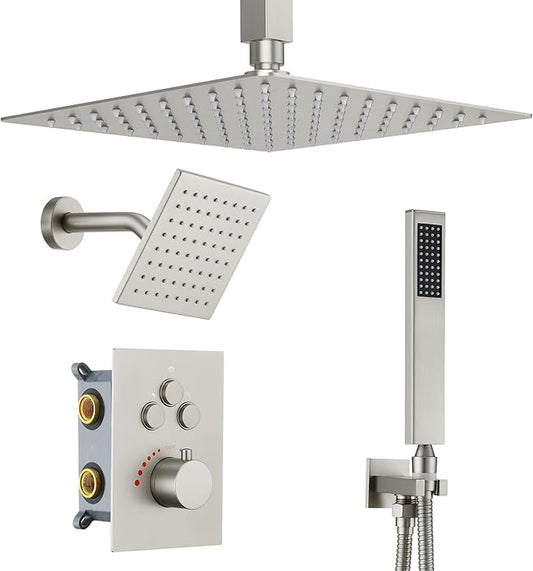 Thermostatic Dual Shower Heads System with Ceiling 12-Inch Rainfall Shower & Wall Mount 6-Inch High Pressure Shower Head, Brushed Nickel Bathroom Shower Faucet Set with Handheld Sprayer