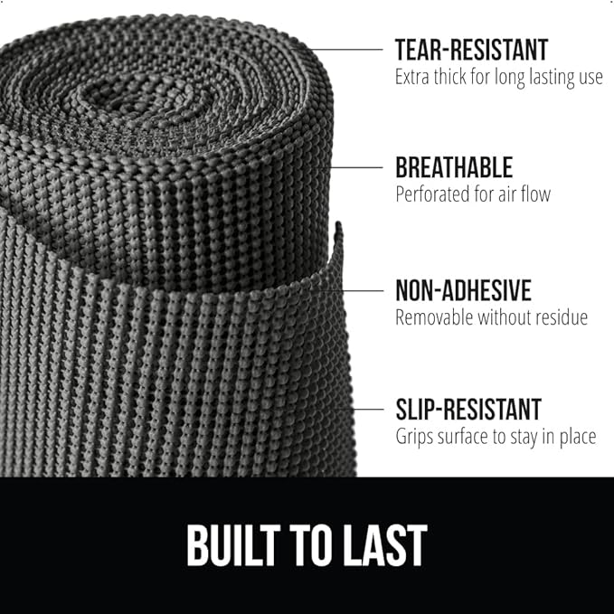 Gorilla Grip powerGRIP Drawer Shelf and Cabinet Liner, Thick Strong Hold, Non-Adhesive Liners Protect Kitchen Cabinets and Cupboard, Bathroom Drawers, Easy Install, Breathable Mat, 20" x10', Charcoal