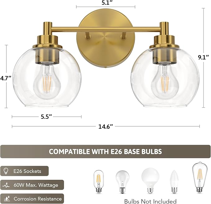 VONLUCE Bathroom Light Fixtures, 2-Light Vanity Light with Globe Glass Shades E26 Sockets, Bathroom Lights Over Mirror for Bedroom Hallway Living Room, Gold Finish