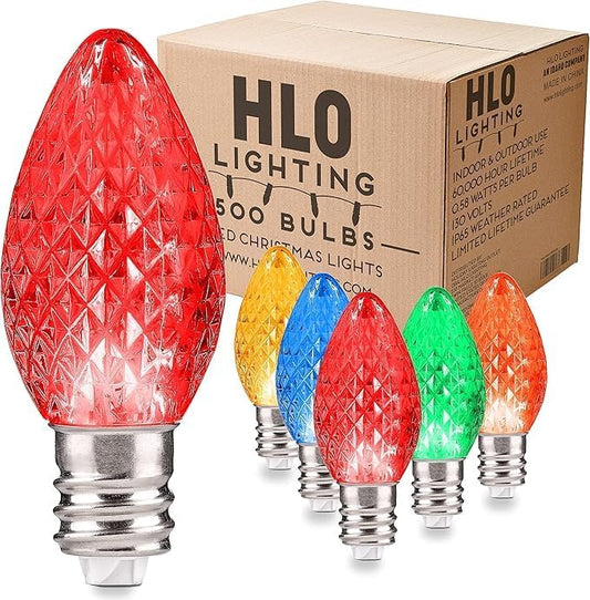 Holiday Lighting Outlet Faceted C7 Christmas Lights | Multi-Colored (R,G,B,Y,O) LED Light Bulbs Holiday Decoration | Christmas Décor for Indoor & Outdoors | 2 SMD LEDs in Each Light Bulb | Set of 500