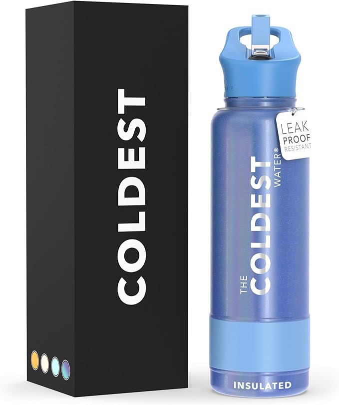 Coldest Sports Water Bottle with Straw Lid Vacuum Insulated Stainless Steel Metal Thermos Bottles Reusable Leak Proof Flask for Sports Gym (40 oz, Galactic Blue Glitter)