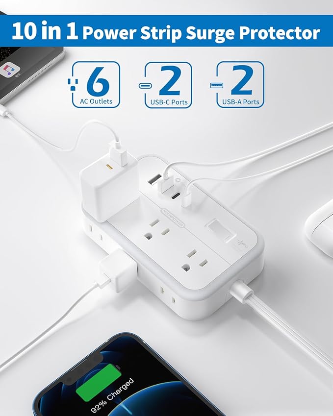 Flat Extension Cord 25 ft, NTONPOWER Surge Protector Power Strip with 6 Outlets 4 USB Ports(2 USB C),Flat Plug, Multiple Outlets, Mounted, Outlet Extender, Overload Protection for Indoor, Home, Office