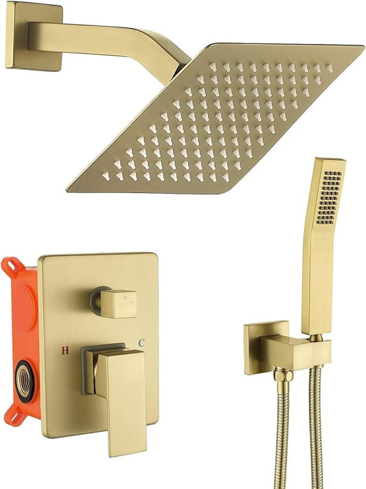 JOYWELL Shower Faucet Brushed Gold Shower System 8 Inches Rain Shower and Handheld Shower Combo,2-Function Shower Fixtures Included Shower Trim Kit