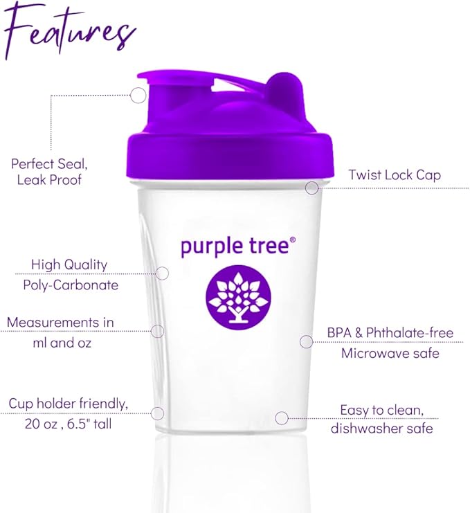 purple tree Protein Shake Bottle, Leak Proof Mixer Cup with Stainless Steel Blending Ball | 20 Oz Shaker Blender for Protein, Hydration & Supplement Mixes