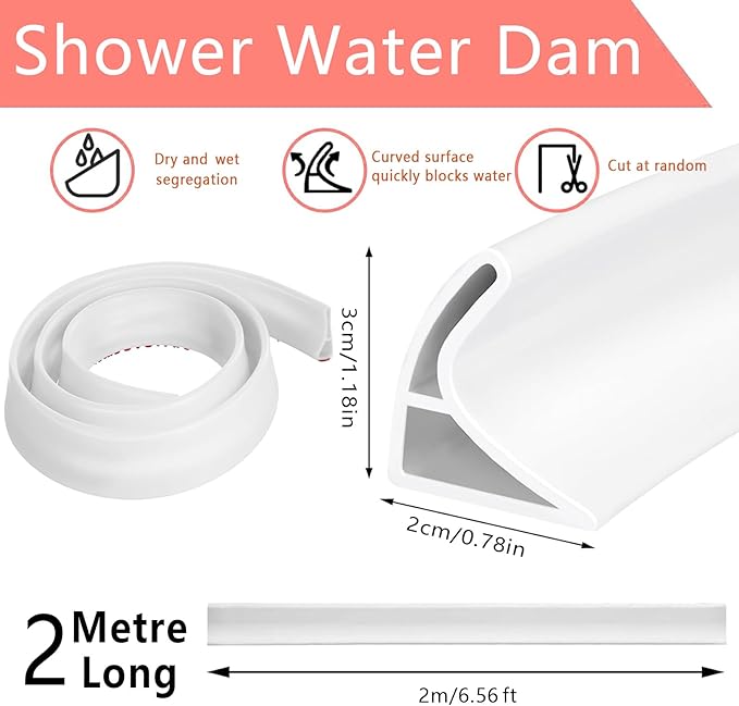3CM Shower Threshold Water Dam 6.56FT Splash Guard for Shower Bathroom Sink Splash Guard Self Adhesive Dry and Wet Separation for Bathroom Bathtubs Sinks and Countertop Floor& Kitchen