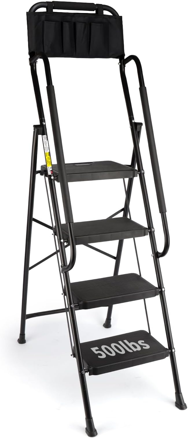 Valeo 4 Step Ladder with Handrails,500 Lbs Capacity,Folding Step Stool Ladder with Attachable Tool Bag,Lightweight & Storage Step Ladder 4 Step Folding,Multi-use for Home,Kitchen,Office,Black