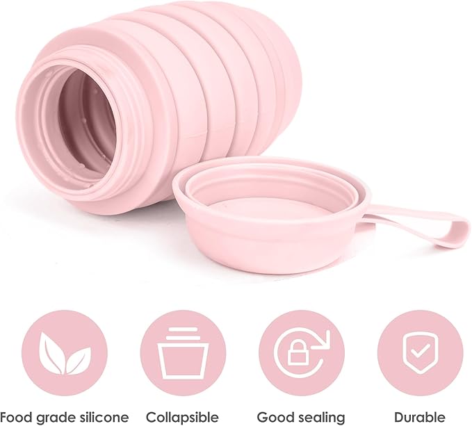 Collapsible Water Bottle, Reusable Water Bottle, 16 oz Water Bottle, Travel Sports, Pill Storage, Silicone Water Bottle, Lunch Bottle, BPA Free, Vitamin Storage. (Pink)