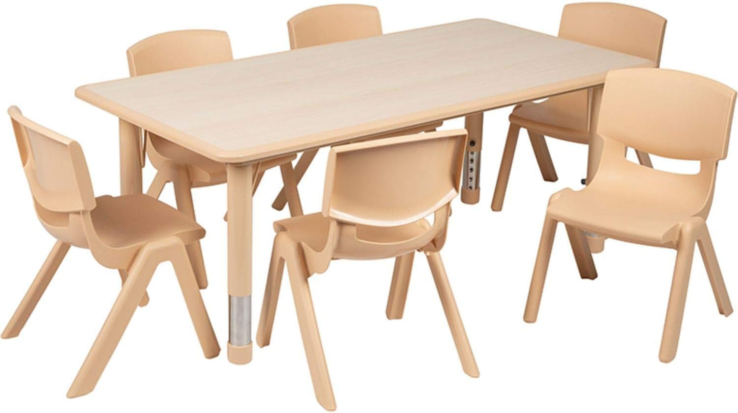 Flash Furniture Emmy Adjustable Classroom Activity Table with 6 Stackable Chairs, Plastic Activity Table for Kids, 23.625" W x 47.25" L, Natural