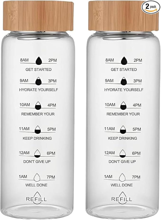 25oz Glass Water Bottle with Time Marker, Leak-Proof,With stainless steel tea strainer, BPA-Free Reusable Hot and Cold Beverages for Office, Gym, Travel（2PCS）