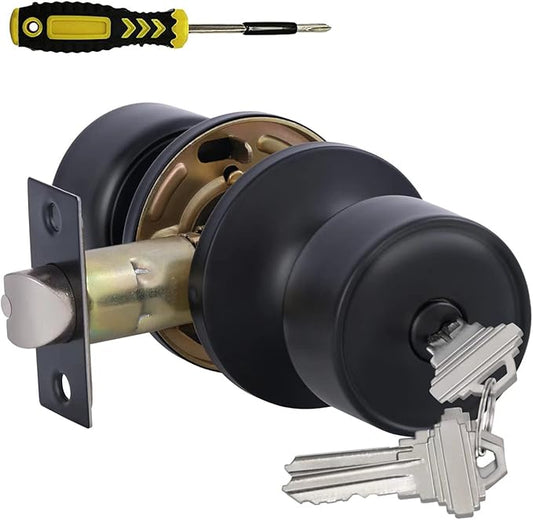 Lanwandeng Keyed Entry Door Knob with Lock, Interior and Exterior Door Lock, Matte Black Entrance Door Lock with Screwdriver