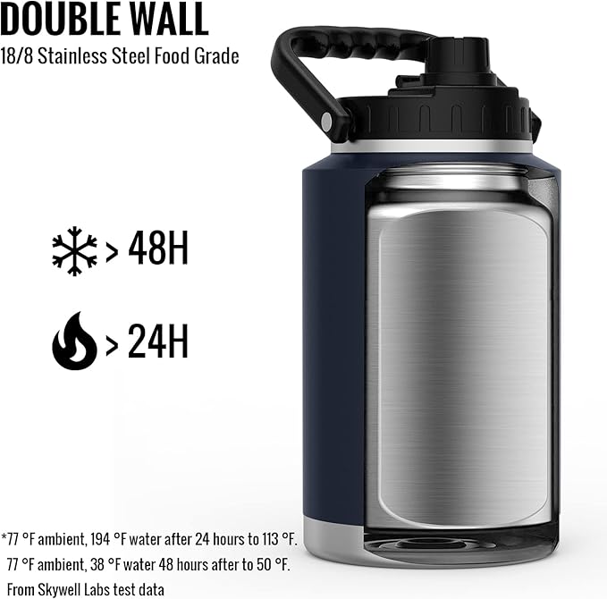 SkyWell 128 Oz Insulated Water Bottle Sleeve and Cup Kit Wide Mouth Water Flask Sweat-Proof and Leak-Proof 1 Gallon Stainless Steel Water Jug for Outdoors, Navy Kit