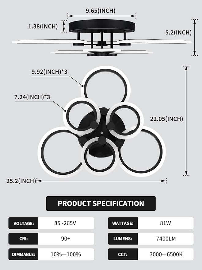 Modern LED Ceiling Light,Dimmable 6 Rings Flush Mount Ceiling Light Fixtures,3000K-6500K 81W Ring Ceiling Lamp with Remote for Bedroom,Dining Room,Living Room,Black