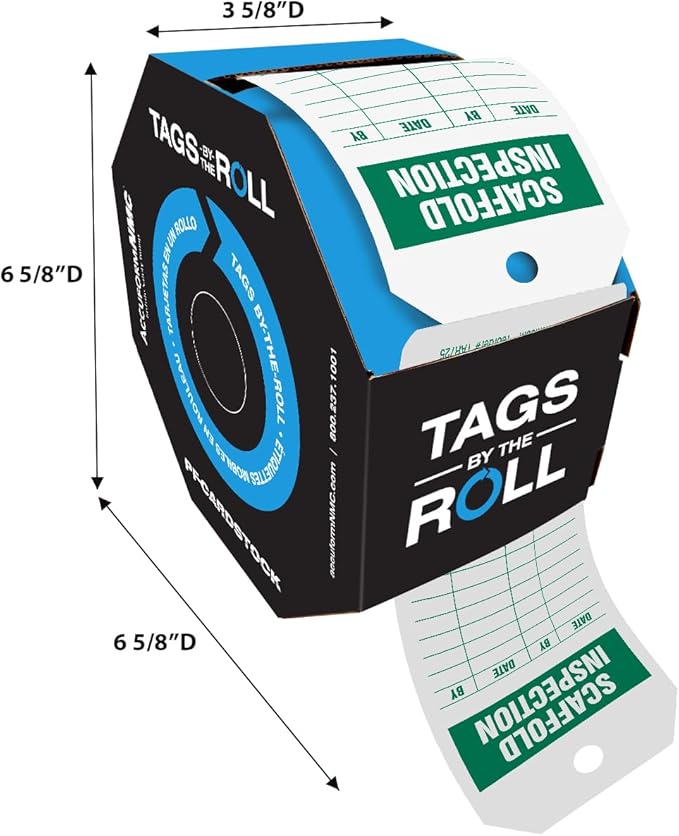 250 Tags by-The-Roll, Scaffolding Inspection Tags, US Made OSHA Compliant Scaffold Tags, Waterproof PF-Cardstock, Resists Tears, 6.25"x3", TAR725