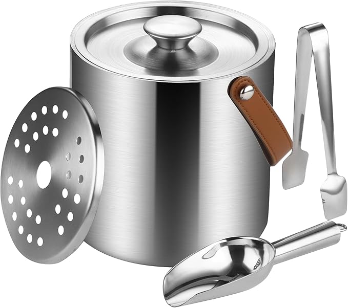 Stainless Steel Double-Wall Insulated Ice Bucket with Lid, Scoop, Tong, Strainer, Leather Handle Keep Ice Frozen Longer Large Wine Ice Buckets for Parties Cocktail Bar Chilling Champagne 2L
