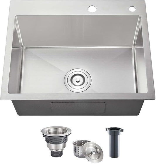 POPFLY 24×18 Inch Drop in Kitchen Sink, Topmount Handmade Single Bowl 18 Gauge 304 Stainless Steel Overmount Kitchen Sinks, Brushed
