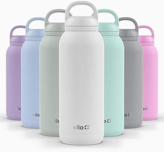 Ello Cooper Twist 40oz Stainless Steel Water Bottle with Chug Lid | Leak Proof | Double Walled and Vacuum Insulated | Built in Carry Loop | Dishwasher Safe | White