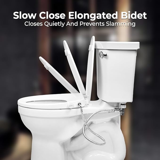 GenieBidet Slow-Close ELONGATED LEFT HAND Bidet. Dual Nozzles Self Cleaning. Adj. Water Pressure. No Wiring. If you can install a toilet seat you can install this. T adapter & Bottle Bidet included.