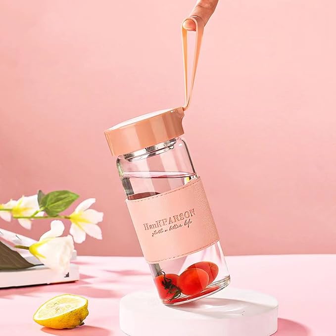 Glass Water Bottles 16 Oz Borosilicate water bottle-with sealing cap and Holsters and filters - BPA free,Men and Women Portable Glass Bottle (Grey)