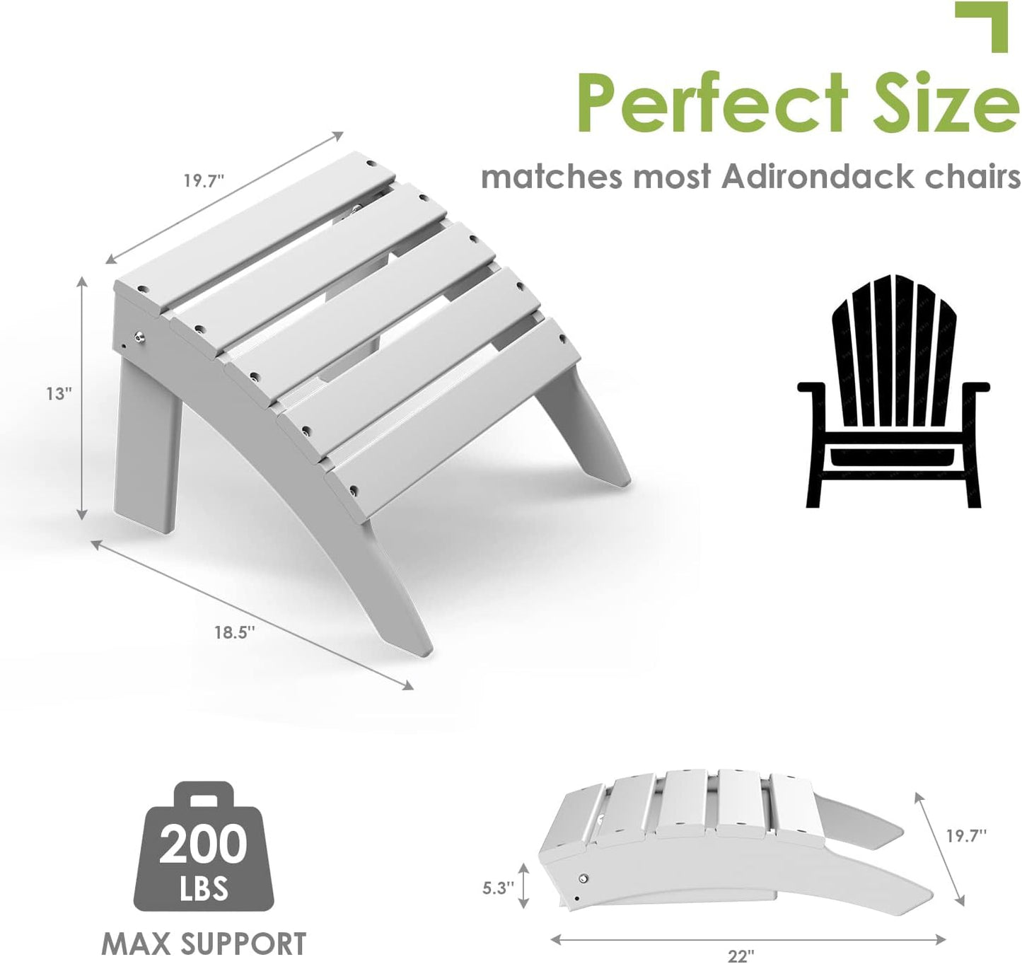 GREENVINES Adirondack-Ottoman | HDPE Plastic | Outdoor Footrest | All Weather | Foot Rest | Foot Stool | White | for Adirondack Chair | for Patio Backyard Pool