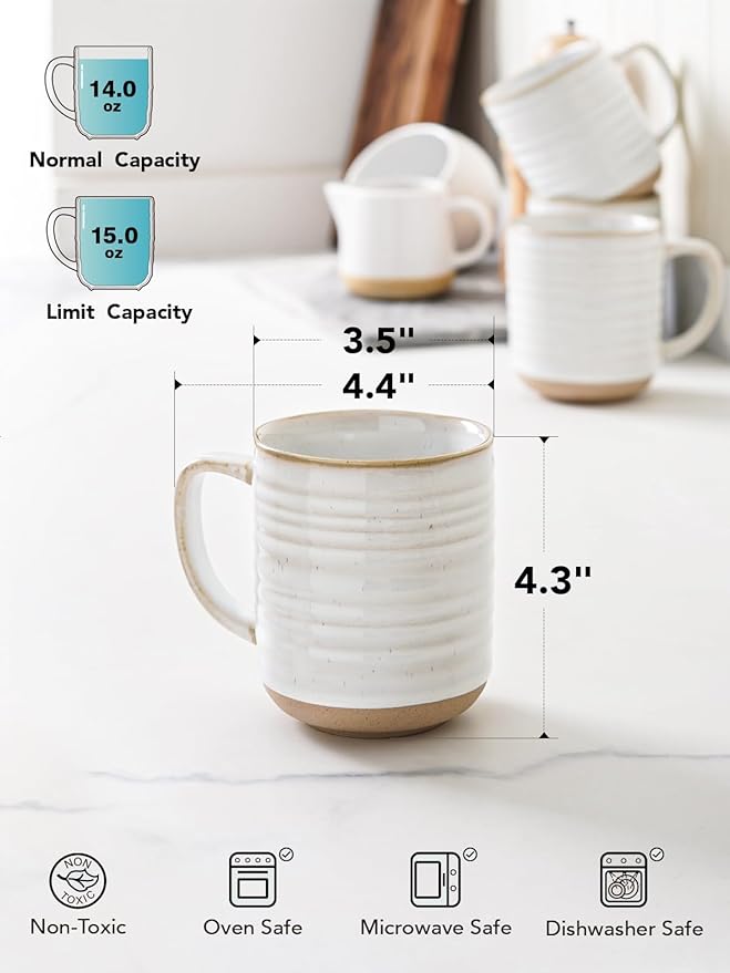 LE TAUCI Coffee Mugs 15 oz,Ceramic Mug Set, Coffee Cups for Latte, Hot Tea, Cappuccino, Mocha, Cocoa, Dishwasher Safe, Suit For Housewarming Wedding- 3.5 inch, Set of 4, Arctic White