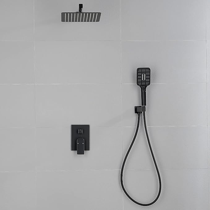 Shower Faucet Set Matte Black Shower System with 10 Inches Stainless Steel Rainfall Shower Head Pressure Balance Rough-in Valve Trim Kit Shower Fixture Combo Set,6012B
