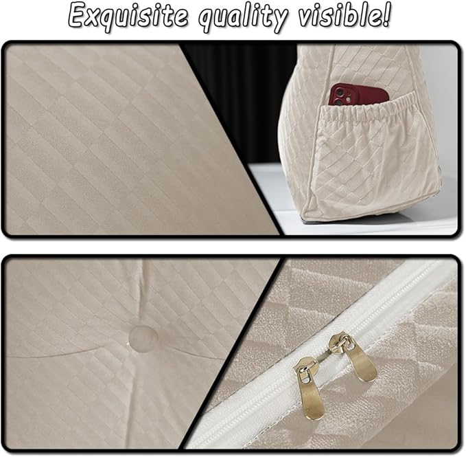 Gradient Velvet Triangular Wedge Pillow, Removable Cover Headboard Pillow for Daybed, Backrest Positioning Support Pillow Cushion Resting Reading Relaxing (Beige, California King(71*20*8in))