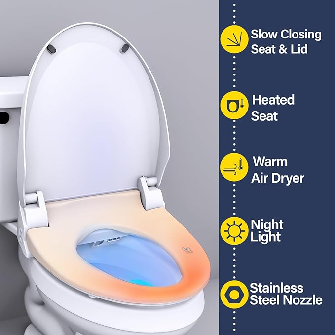 Bidet Toilet Seat, Smart Unlimited Warm Water, Electronic Heated Toilet Seat with Remote Control, Turbo Wash, Dryer, Rear and Front Wash, Slow Closes, Night Light, White, 102S-W
