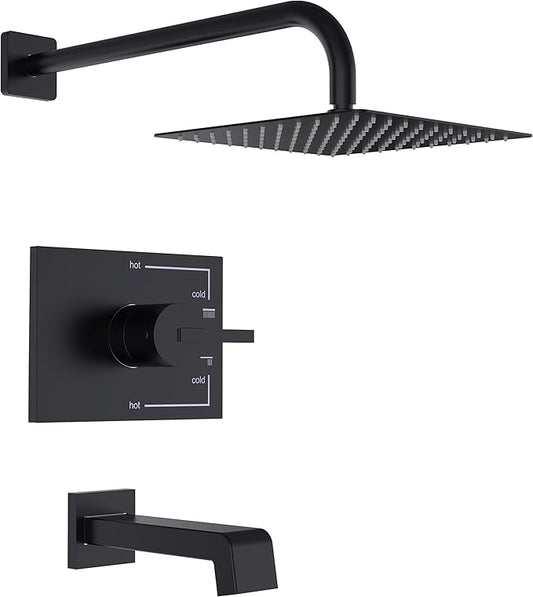 Black Shower Head and Handle Set, Shower Faucet Set with 8-Inch Rain Shower Head and Tub Spout, Single-Handle Shower Trim Kit（Valve Included)