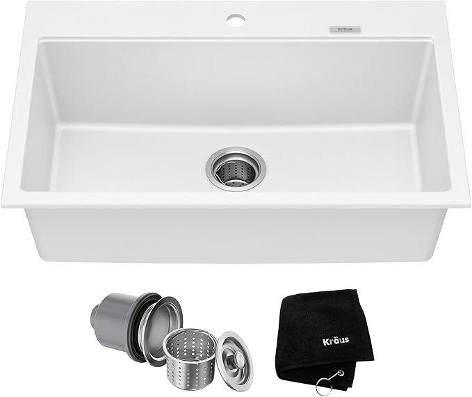 KRAUS Quarza 31-inch Granite Drop-In/Undermount Single Bowl White Kitchen Sink, KGD-412BWHITE