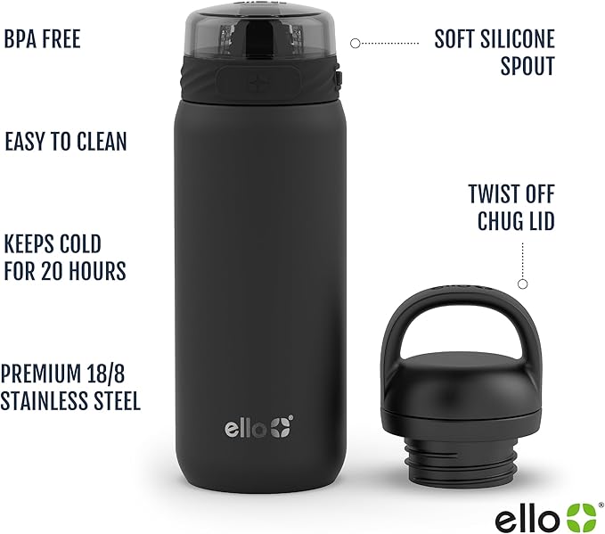 Ello Cooper 18oz Kids Stainless Steel Water Bottle with 2 Lids Chug and Straw | Leak Proof Double Wall Vacuum Insulated | Fits Car Cupholder | Built in Carry Loop | Dishwasher Safe | Cashmere Pink