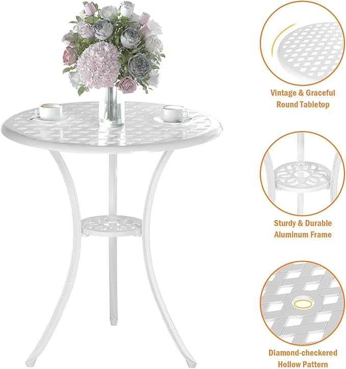 Patio Bistro Set 3 Piece, Cast Aluminum Bistro Set for 2 w/Umbrella Hole, Outdoor Table and Chairs Set of 2, Bistro Set for Balcony/Backyard/Garden, White