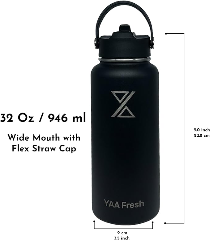 Yaa Fresh 32Oz BPA-Free 24 Hr Cold/12 Hr Hot Insulated Stainless Steel Sports Water Bottle with Straw and Lid, Food-grade Double Walled, Leakproof, Insulated Thermos, Wide Mouth for Men, Women & Kids